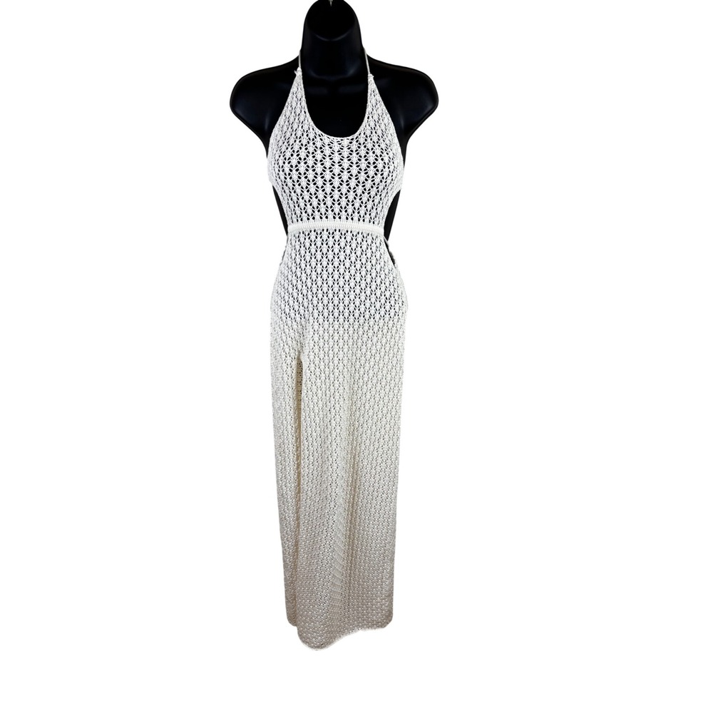 Meshki Ivory Crochet Knit Maxi Dress Halter Side Cut Out Open Back Small Boho